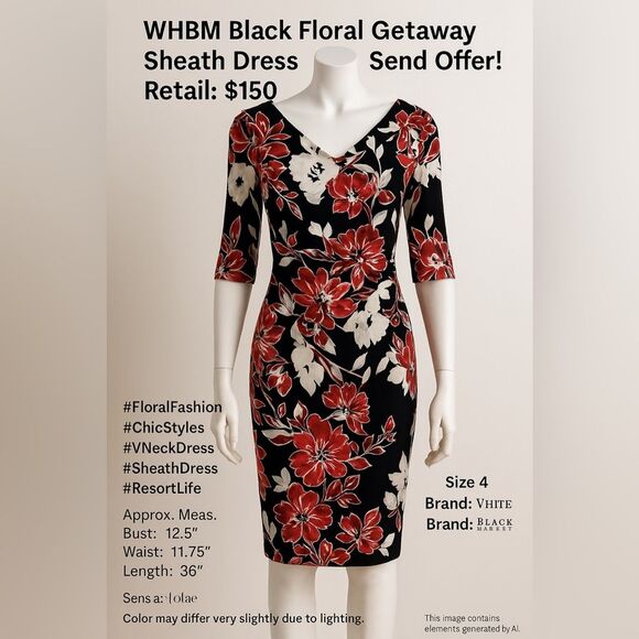 White House Black Market Floral Ruched Dress Sz 4 🌺 Send Offer - Picture 1 of 4